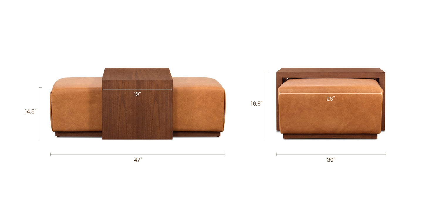 Pouf in pelle Jarmo con tavolo in noce