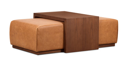 Pouf in pelle Jarmo con tavolo in noce